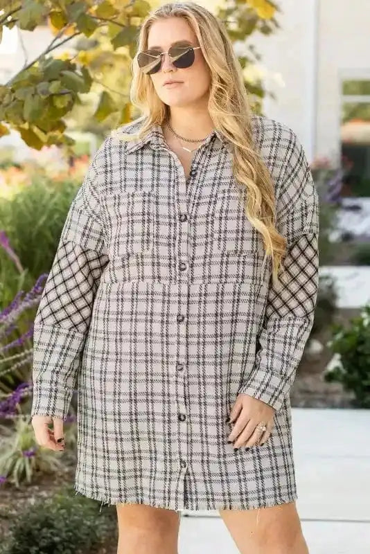 Plus Size Midi Dresses White Plaid Chic Tunic Dress