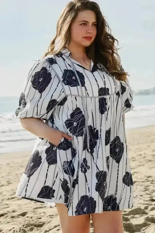 Plus Size Mini Dresses Black & White Floral Curvy Mini Dress