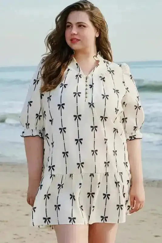 Plus Size Mini Dresses Bow Ruffle Curvy Mini Dress - Elegant and Playful