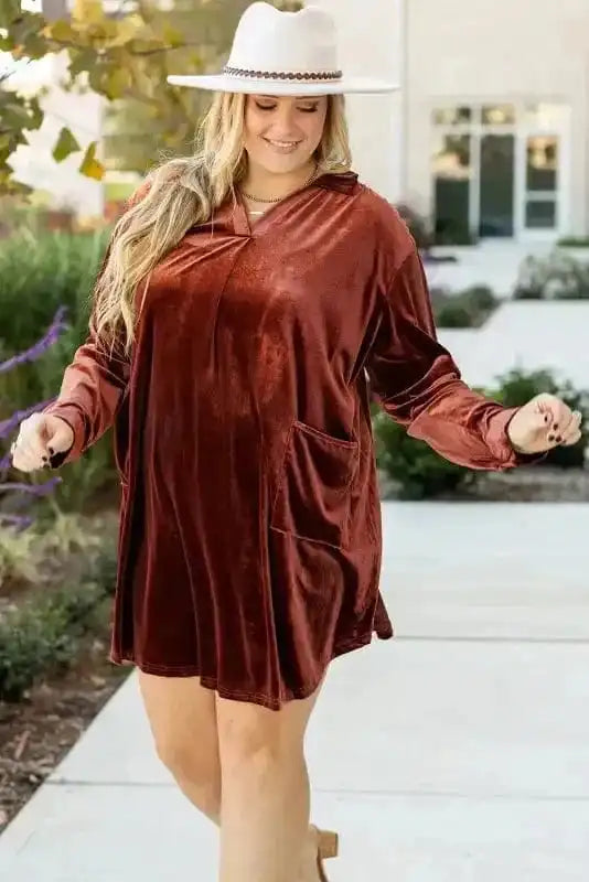 Plus Size Mini Dresses Elegant Pleated Velvet Dress - Plus Size