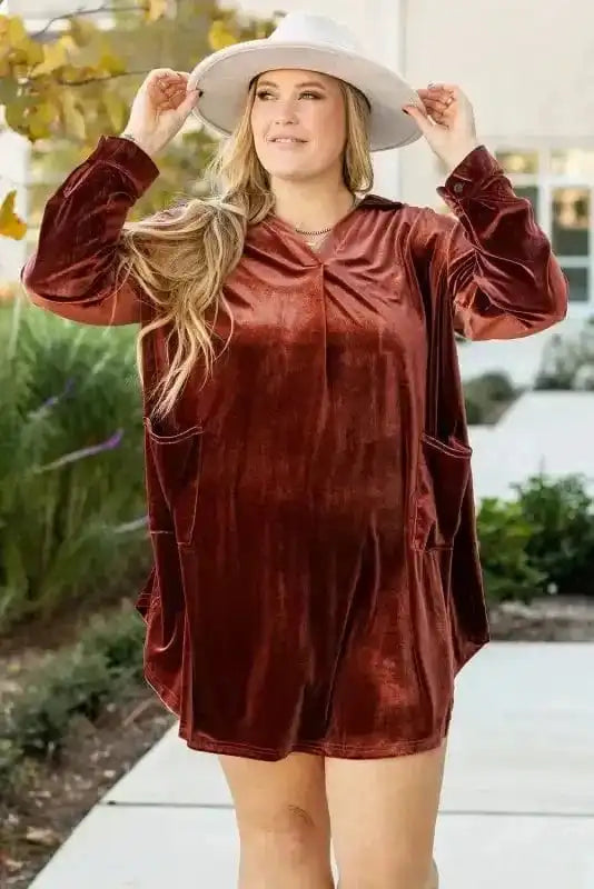 Plus Size Mini Dresses Elegant Pleated Velvet Dress - Plus Size