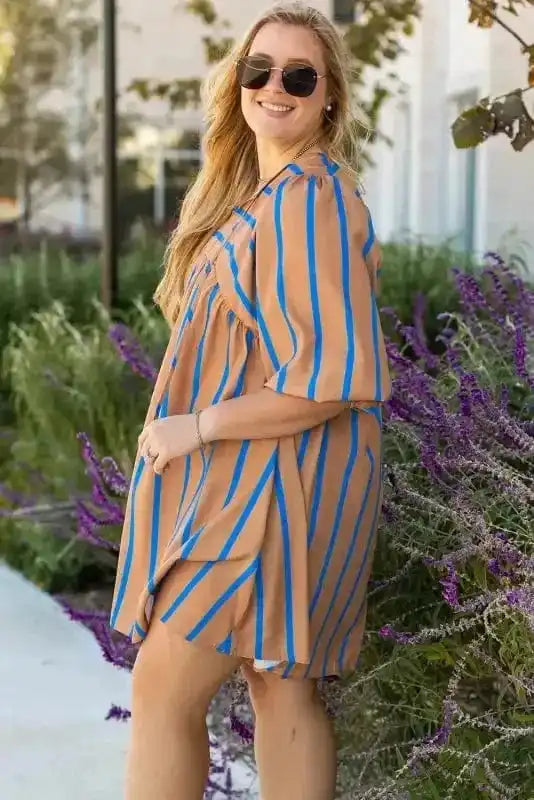 Plus Size Mini Dresses Khaki Stripe Babydoll Dress