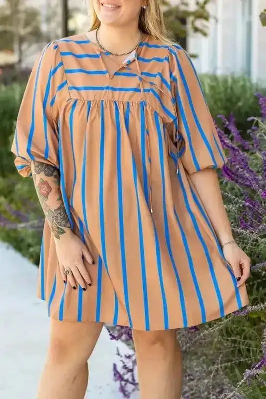 Plus Size Mini Dresses Khaki Stripe Babydoll Dress