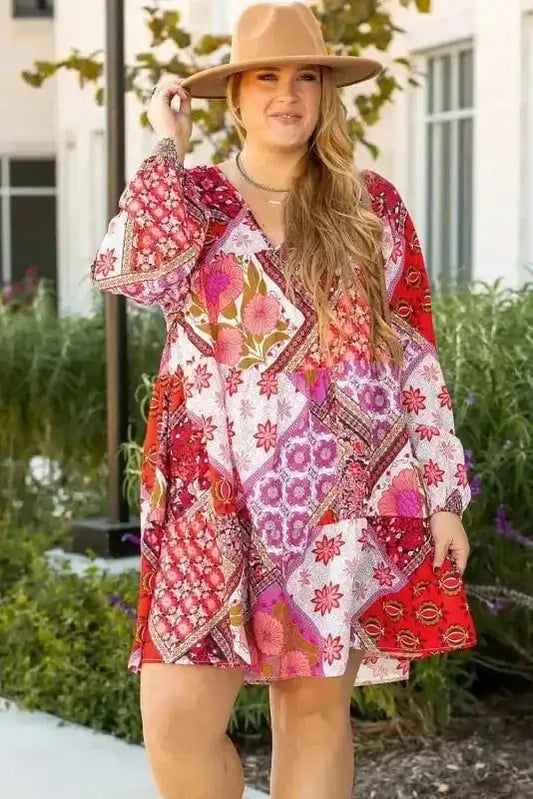 Plus Size Mini Dresses Rose / 1X / 100%Polyester Floral Fantasy Hollowed Back Dress