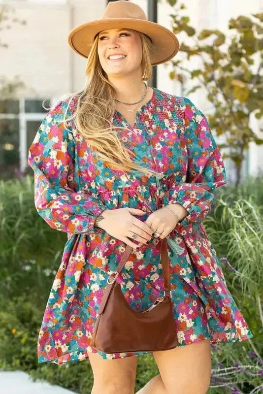 Plus Size Mini Dresses Sky Blue / 1X / 100%Cotton Curvy Floral Charm Mini Dress - Plus Size