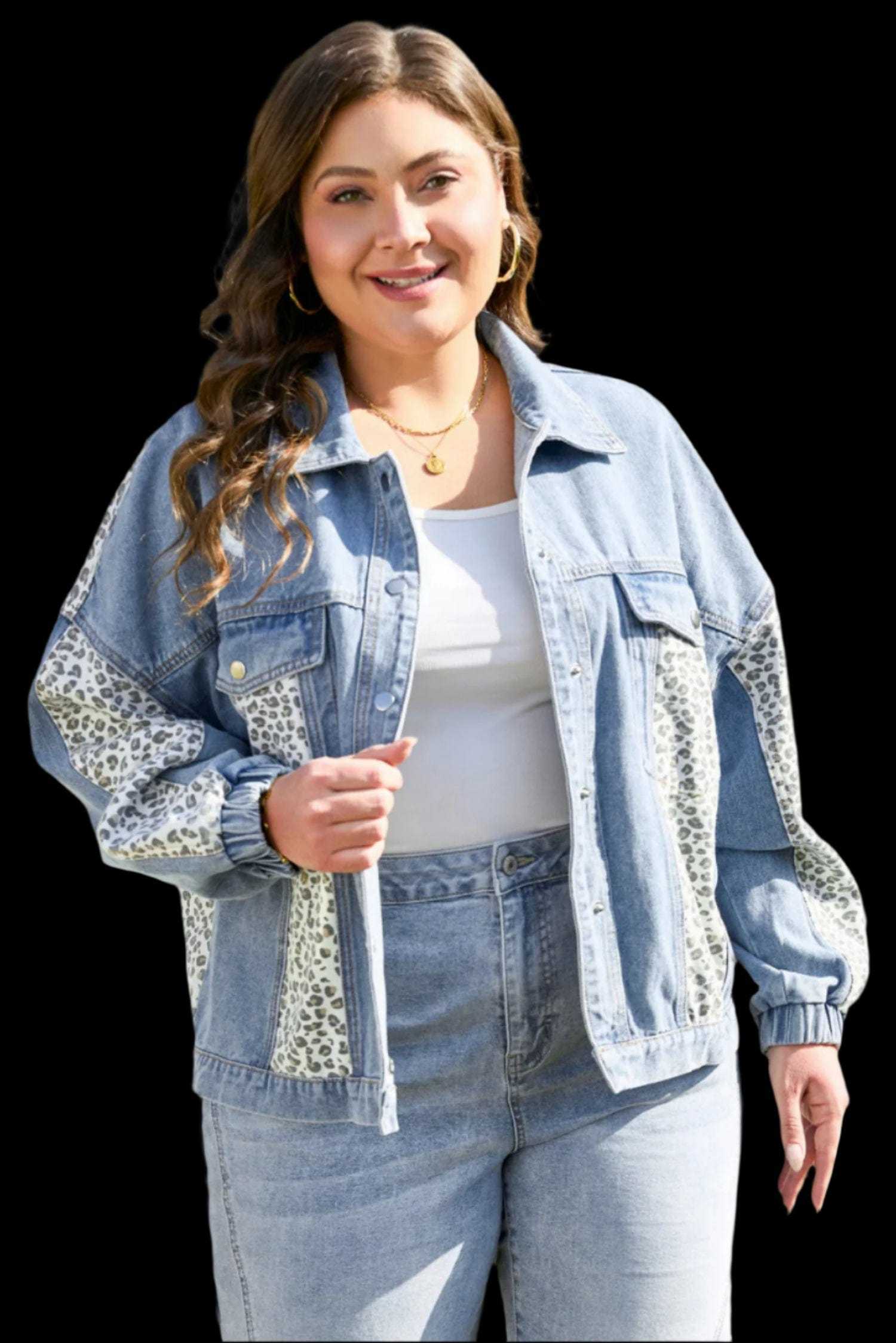 Plus Size Outerwear Beau Blue / 1X / 75%Cotton+25%Polyester Leopard Contrast Denim Jacket Plus Size