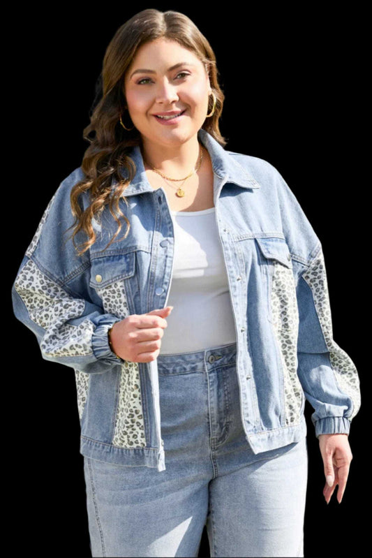 Plus Size Outerwear Beau Blue / 1X / 75%Cotton+25%Polyester Leopard Contrast Denim Jacket Plus Size