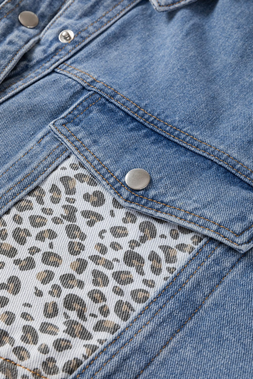 Plus Size Outerwear Leopard Contrast Denim Jacket Plus Size