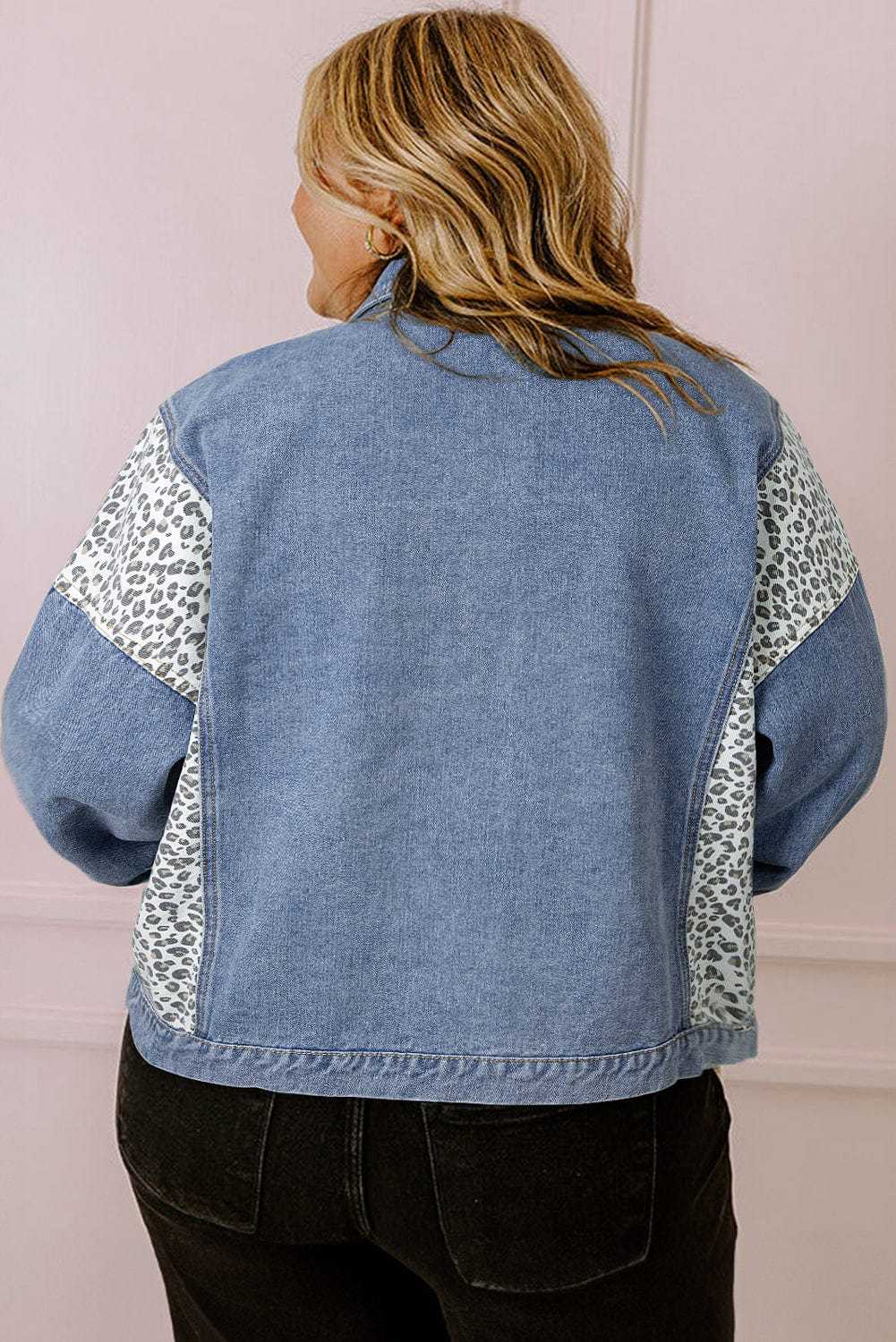 Plus Size Outerwear Leopard Contrast Denim Jacket Plus Size