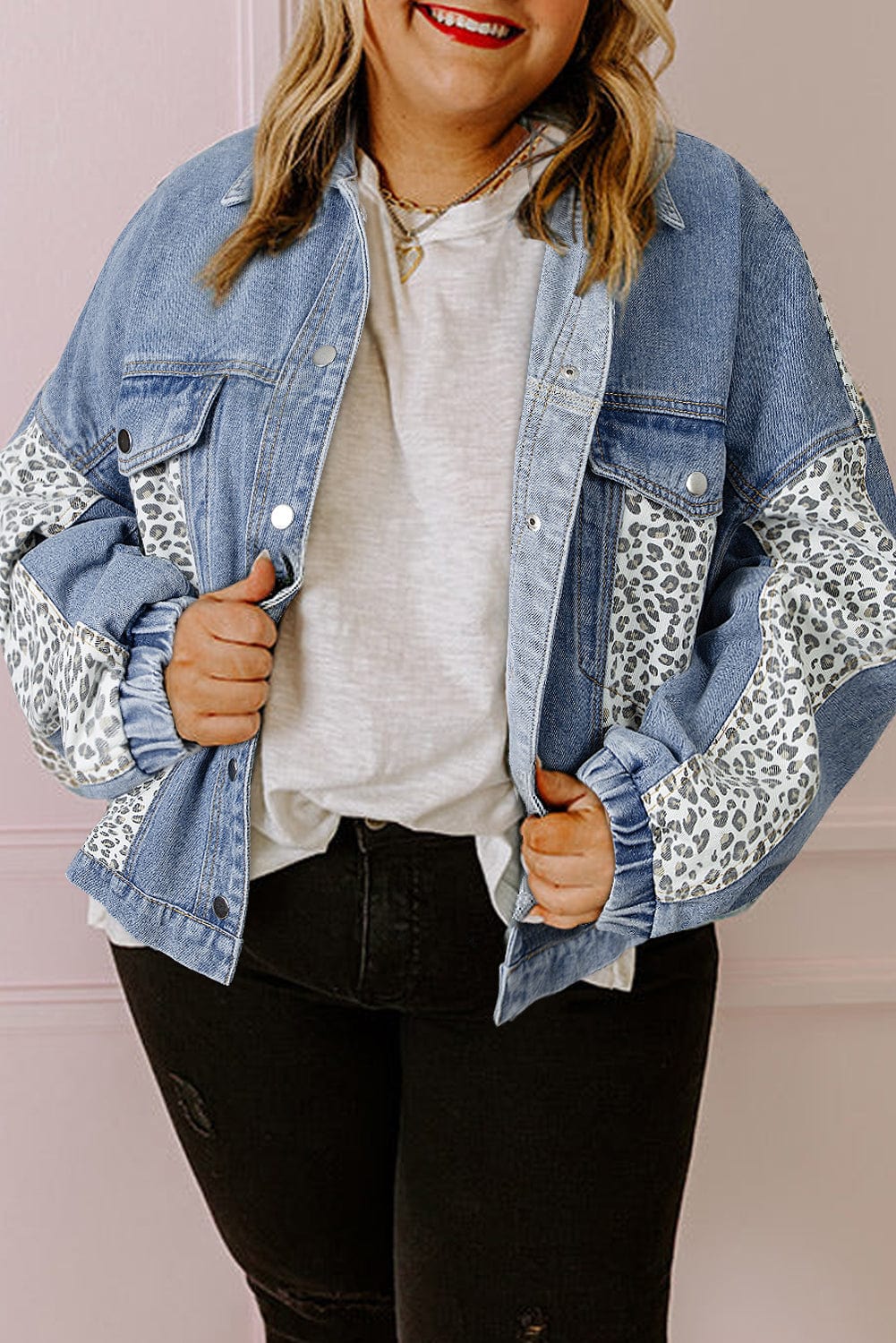 Plus Size Outerwear Leopard Contrast Denim Jacket Plus Size