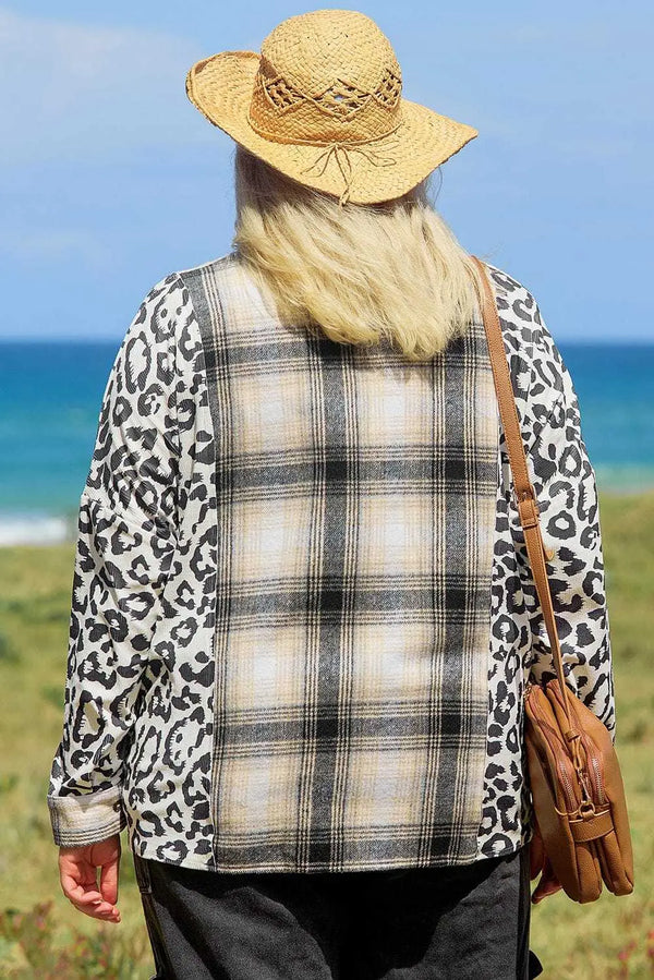 Black plaid leopard fusion shacket back view — Fashionfitz UK
