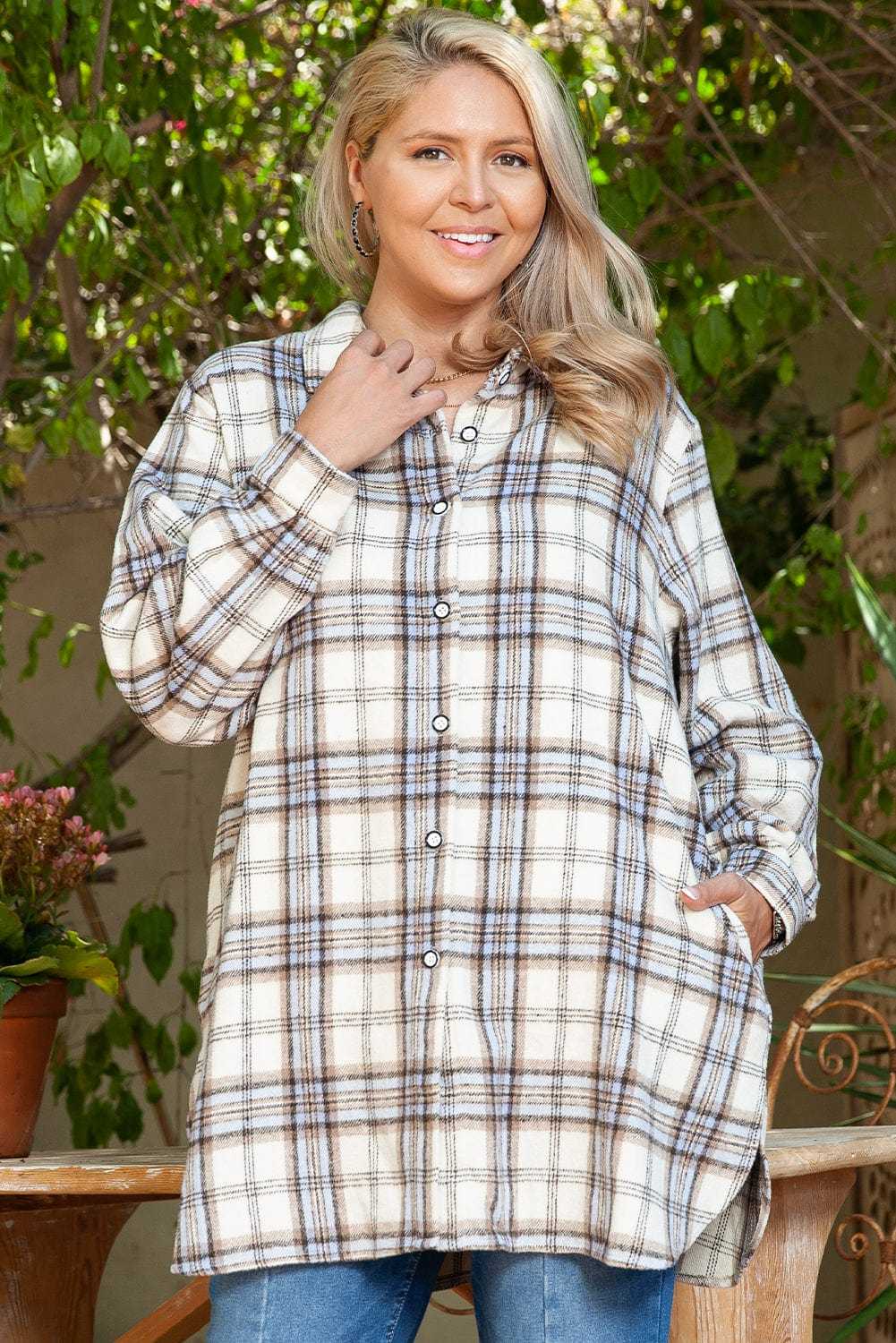 Plus Size Outerwear White Stripe / 1X / 100%Polyester Classic Plaid Tunic Shacket