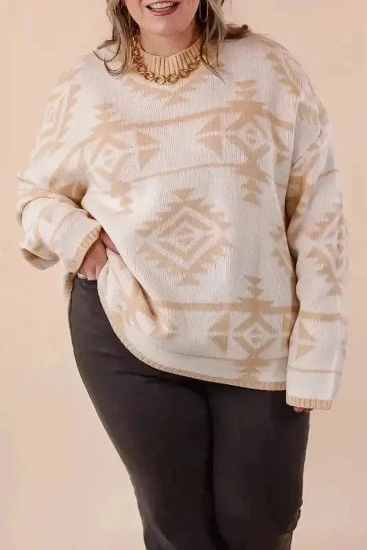 Plus Size Sweaters Apricot / 1X / 65%Acrylic+35%Polyamide Aztec Charm Plus Size Sweater