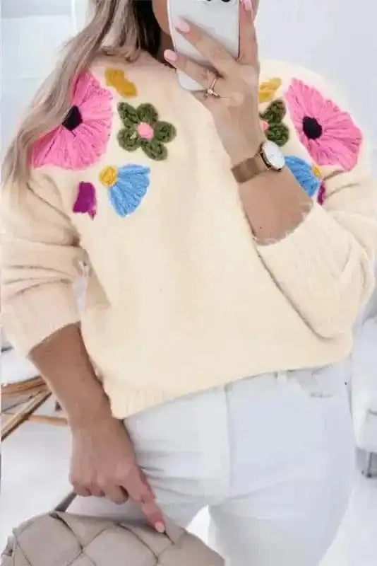Plus Size Sweaters Beige / 1X / 42%Acrylic+30%Polyester+28%Polyamide Cozy Blossom Crochet Sweater - Plus Size