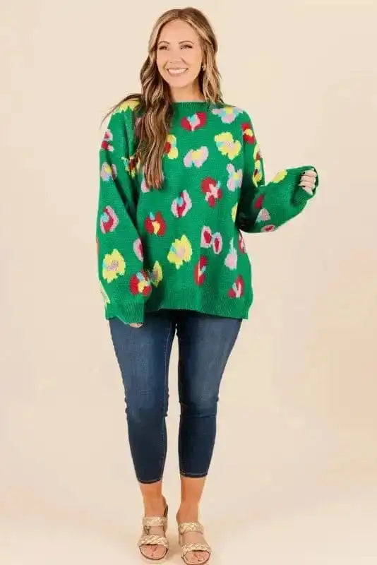 Plus Size Sweaters BlossomCurve Green Floral Plus Sweater