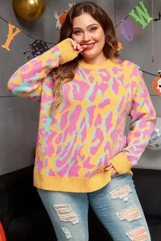 Plus Size Sweaters Bright Pink / 1X / 50%Viscose+28%Polyester+22%Polyamide Plus-Size Pink Leopard Sweater