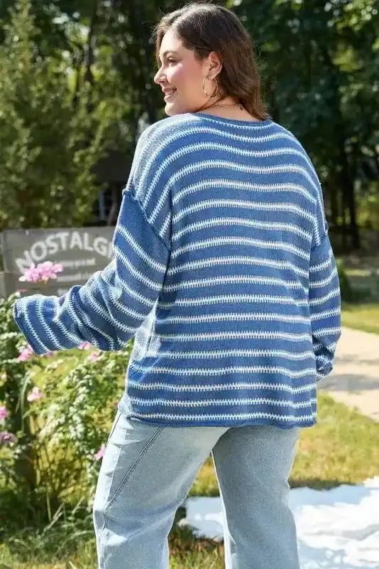 Plus Size Sweaters Cozy Blue Stripe Plus-Size Sweater