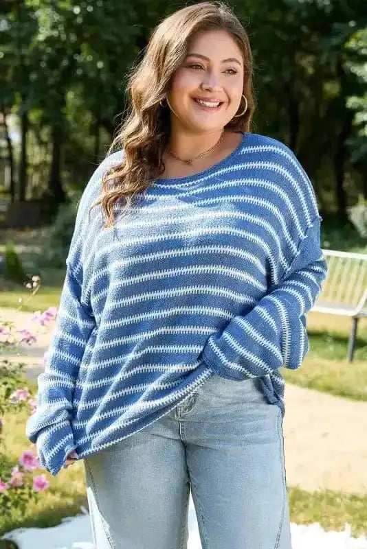 Plus Size Sweaters Cozy Blue Stripe Plus-Size Sweater
