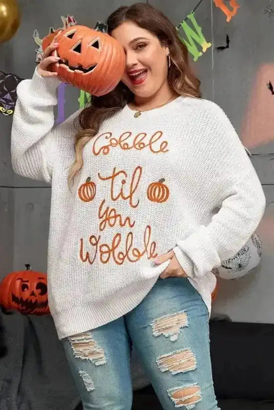 Plus Size Sweaters Cozy Crochet Plus Sweater - Gobble 'Til You Wobble Edition
