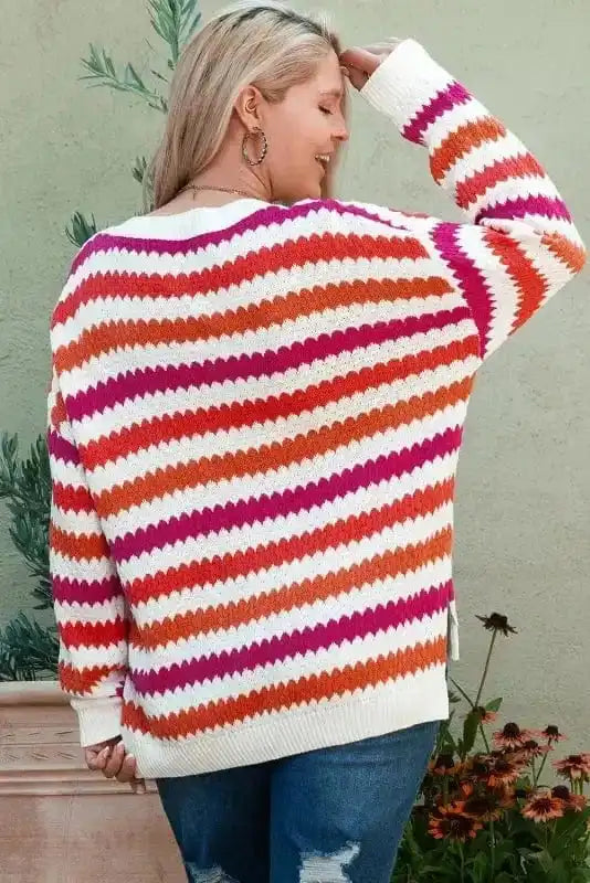 Plus Size Sweaters Cozy Pink Stripe Plus-Size Sweater