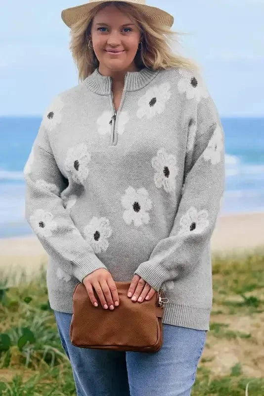 Plus Size Sweaters CozyBloom Plus Size Floral Half-Zip Sweater