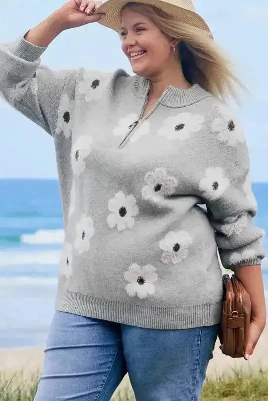 Plus Size Sweaters CozyBloom Plus Size Floral Half-Zip Sweater
