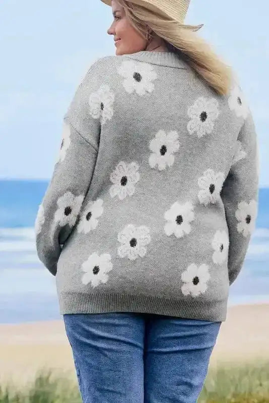 Floral half-zip plus size sweater back view — Fashionfitz UK