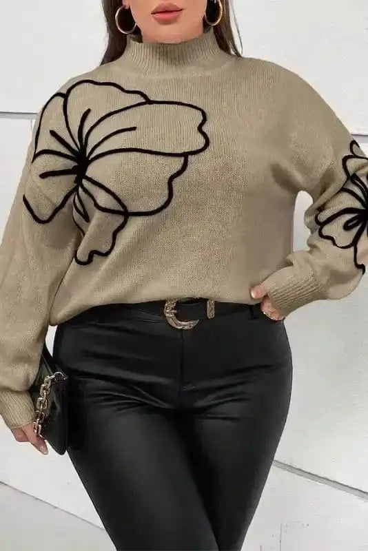 Plus Size Sweaters Dark Khaki / 1X / 100%Acrylic BlossomPlus High Neck Sweater