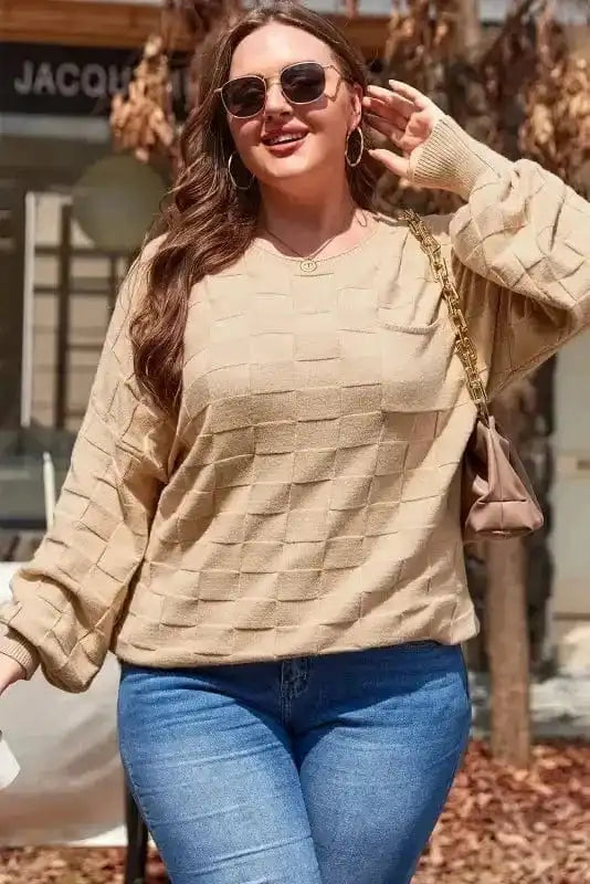 Plus Size Sweaters Light French Beige / 1X / 50%Viscose+28%Polyester+22%Polyamide CozyCheck Plus-Size Sweater – Light French Beige