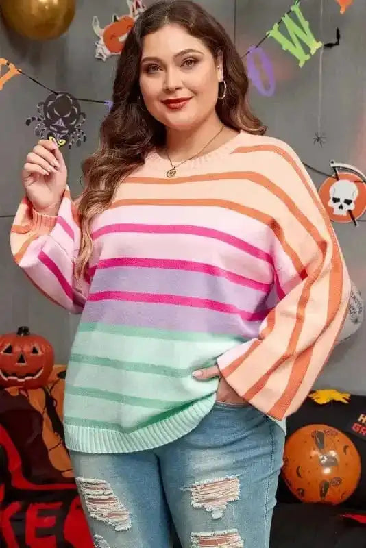 Plus Size Sweaters Pink Stripe / 1X / 50%Viscose+28%Polyester+22%Polyamide Plus-Size Stripe Harmony Sweater