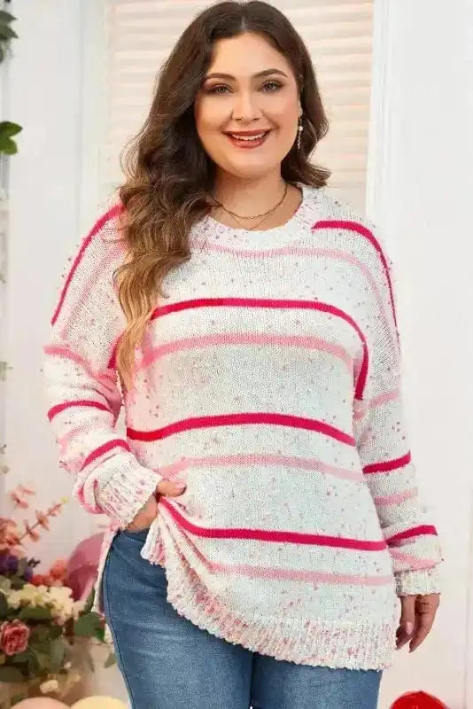 Plus Size Sweaters Pink Stripe / 1X / 60%Cotton+40%Acrylic Cozy Pink Stripe Plus Size Sweater