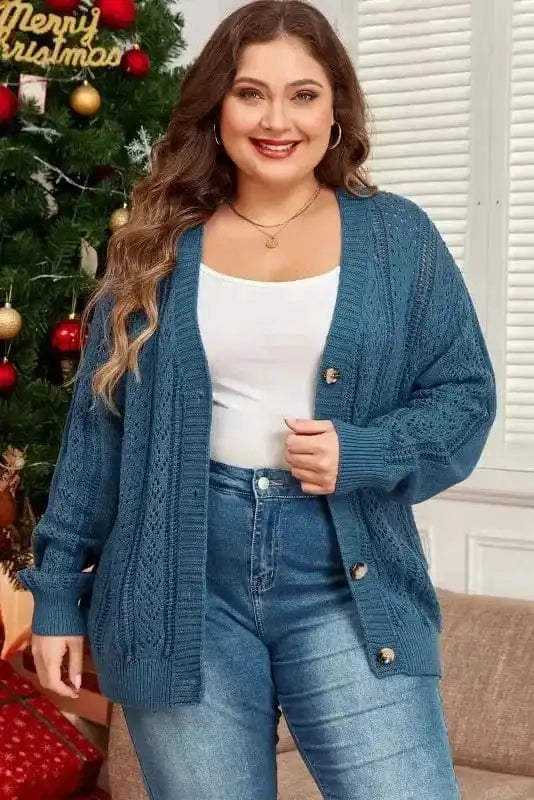 Plus Size Sweaters Real Teal / 1X / 60%Cotton+40%Acrylic CozyComfort Plus Size Open Knit Cardigan