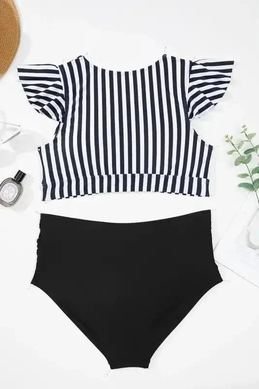 Plus Size Swimwear Black Stripe Plus Size High-Waist Bikini - Ruffle Sleeve