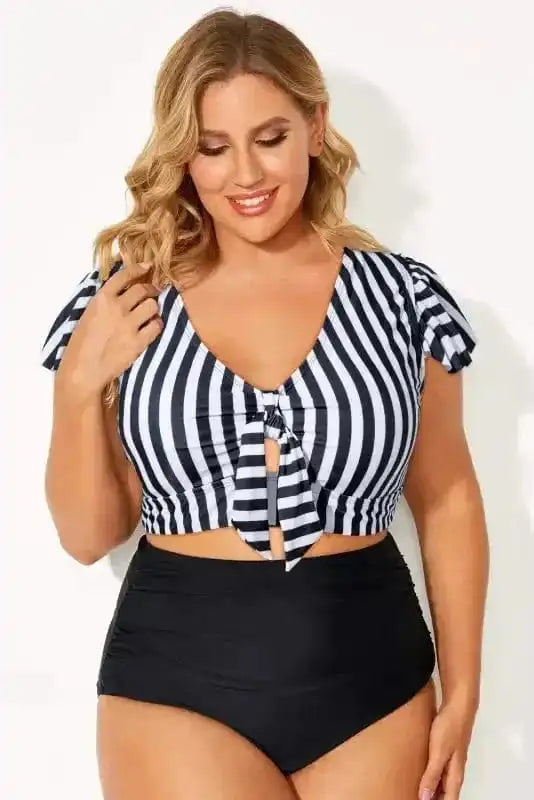 Plus Size Swimwear Black Stripe Plus Size High-Waist Bikini - Ruffle Sleeve