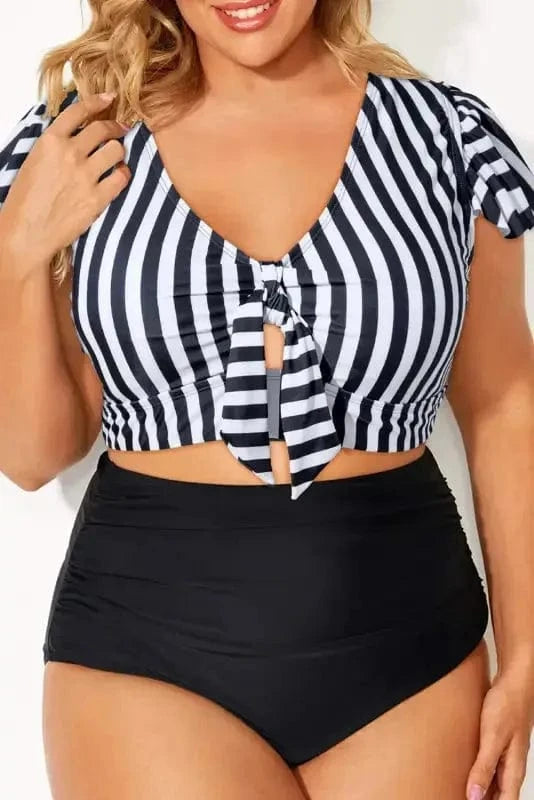 Plus Size Swimwear Black Stripe Plus Size High-Waist Bikini - Ruffle Sleeve