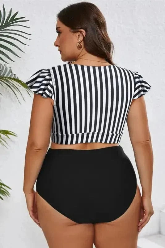 Plus Size Swimwear Black Stripe Plus Size High-Waist Bikini - Ruffle Sleeve