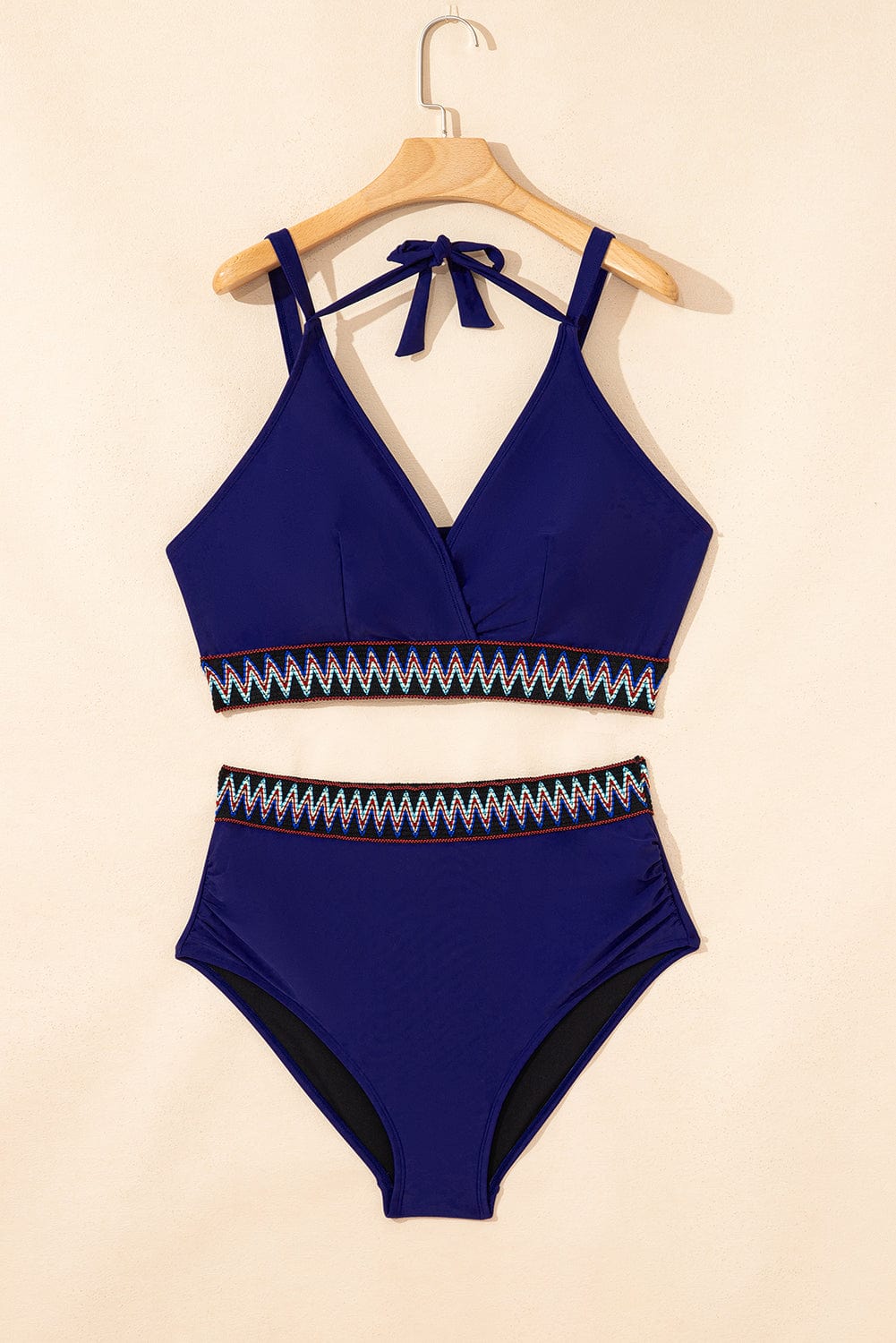 Plus Size Swimwear Embroidered High-Waist Bikini - Plus Size Navy Blue