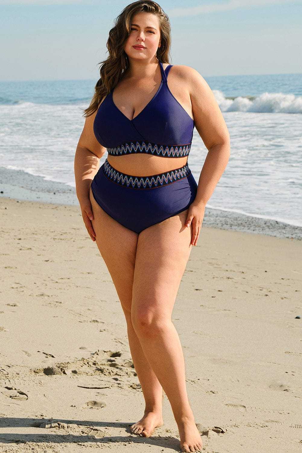Plus Size Swimwear Embroidered High-Waist Bikini -  Plus Size Navy Blue