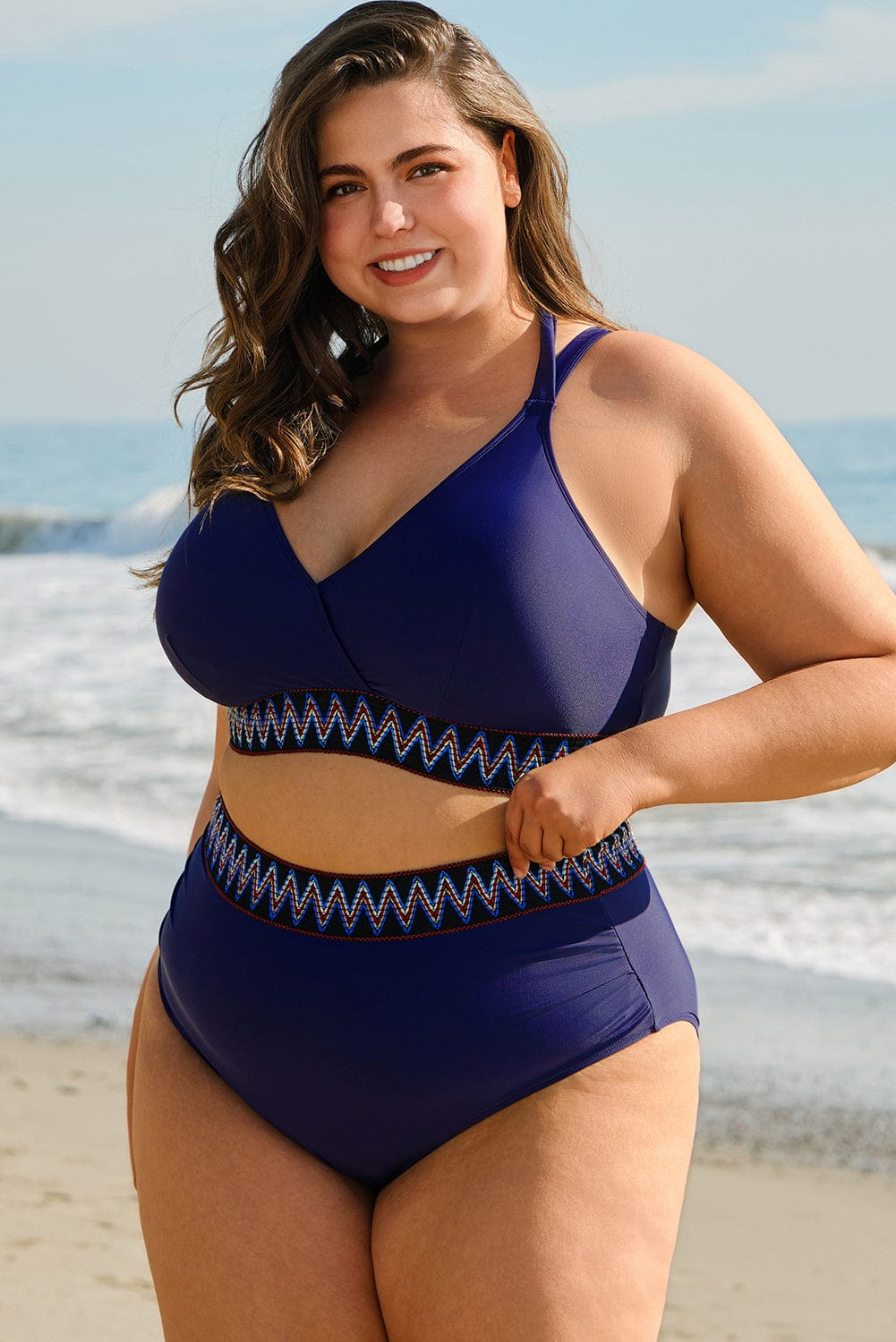 Plus Size Swimwear Embroidered High-Waist Bikini - Plus Size Navy Blue