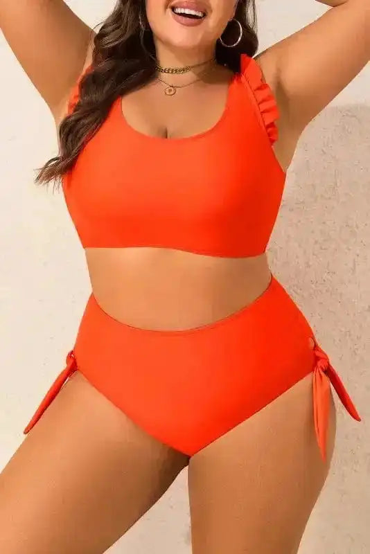 Plus Size Swimwear Orange Plus Size Bikini Set - Ruffled Trim Knotted High Waist
