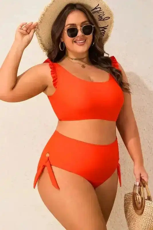 Plus Size Swimwear Orange Plus Size Bikini Set - Ruffled Trim Knotted High Waist