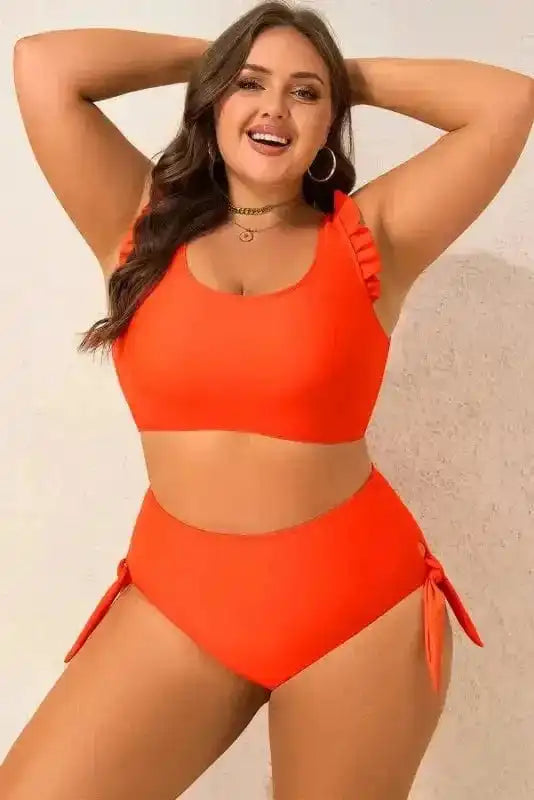 Plus Size Swimwear Orange Plus Size Bikini Set - Ruffled Trim Knotted High Waist