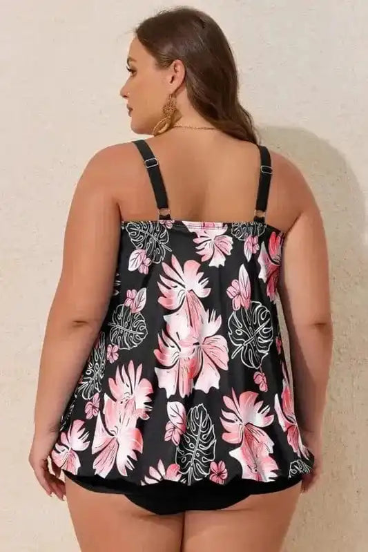 Plus Size Swimwear Plus Size Floral Top Tankini Set - Black 2pcs Wide Strap