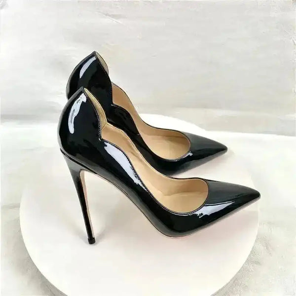 FashionFitz Black Lacquer Leather High Heels with stiletto heel and sculpted sides, ideal for upscale events and stylish outfits.