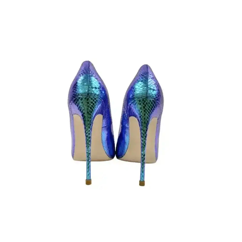Rear view of Chameleon Heels - Versatile Pumps Stiletto showcasing slim stiletto heel and glossy snake-textured PU leather. Ideal for chic styling.