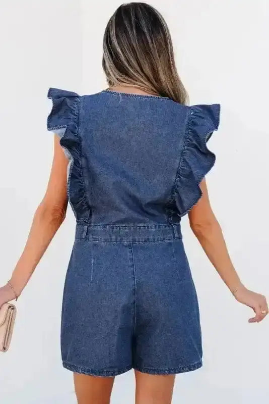 Denim ruffled romper short sleeve back view — Fashionfitz UK