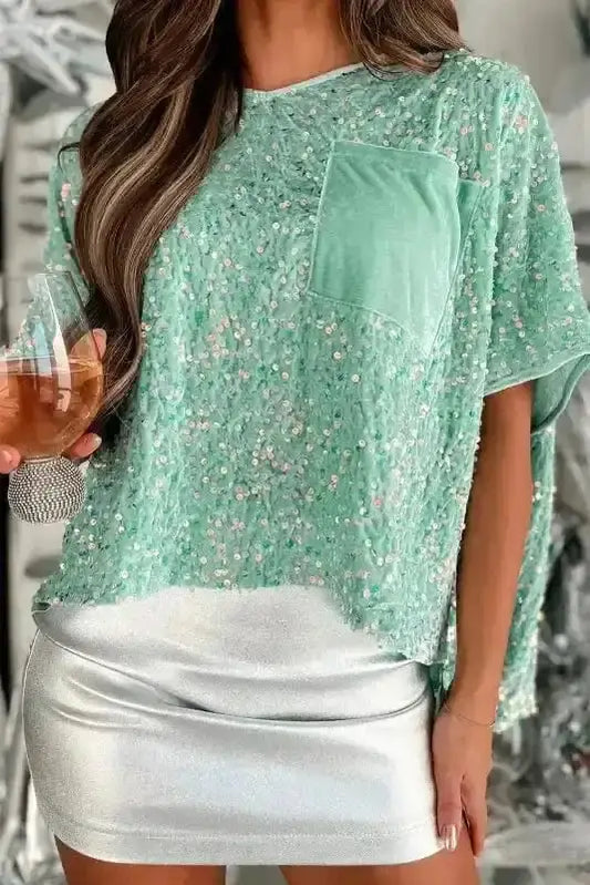 Sequin Blouses Moonlight Jade / S / 100%PET Moonlight Jade Sequin Velvet Blouse