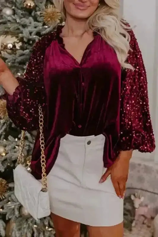 Sequined Tops Red Dahlia / S / 95%Polyester+5%Elastane Red Dahlia Sequin Sleeve Velvet Top