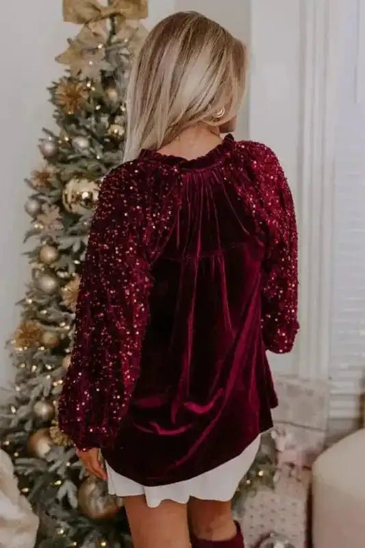 Sequined Tops Red Dahlia Sequin Sleeve Velvet Top