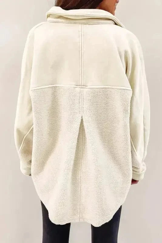 Shackets Beige Button-Up Stitching Pocket Raw Hem Shacket